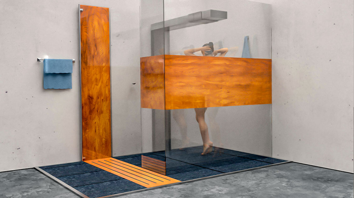 3D-Visualisierung einer Dusch in der Holz in Glas verbaut ist