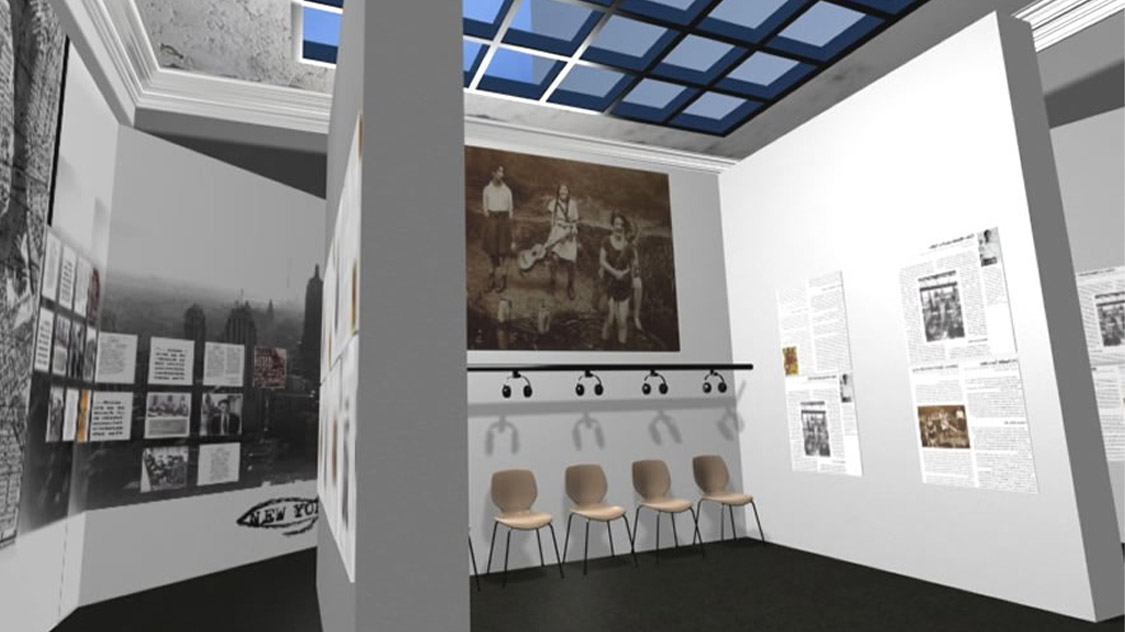 3D Visualisierung/ Animation der Varian Fry Ausstellung in der Akademie der Kuenste in Berlin. Kinobereich mit Hörstation und interaktiver Stele